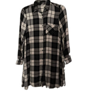 Old Navy Shirt Dress Womens XS Black White Plaid Pockets Long Sleeve Button Cuff